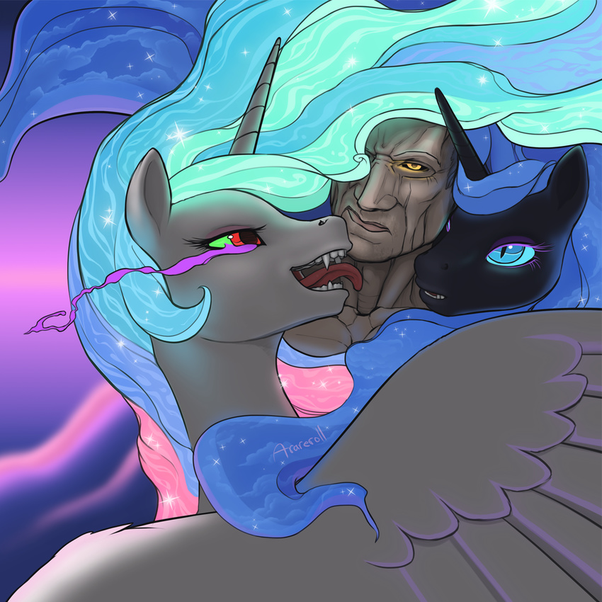 2015 arareroll blue_eyes blue_hair equine fangs female feral friendship_is_magic group hair hi_res horn human licking long_hair male mammal multicolored_hair my_little_pony nightmare_moon_(mlp) princess_celestia_(mlp) red_eyes tongue tongue_out unicorn winged_unicorn wings