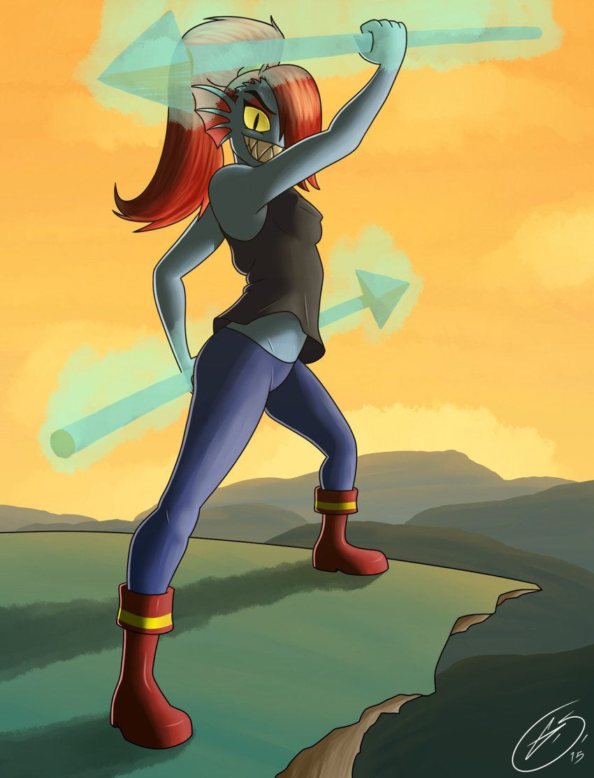 emeraldslide female hair hair_over_eye looking_at_viewer melee_weapon polearm ponytail red_hair solo spear undertale undyne video_games weapon