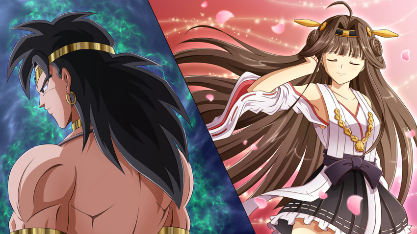 1girl ahoge armband black_eyes black_hair broly brown_hair circlet closed_eyes collar crossover detached_sleeves dragon_ball dragon_ball_z earrings from_behind hairband highres jewelry kantai_collection kongou_(kantai_collection) nontraditional_miko ohoho petals pleated_skirt shirtless skirt winged_hairband