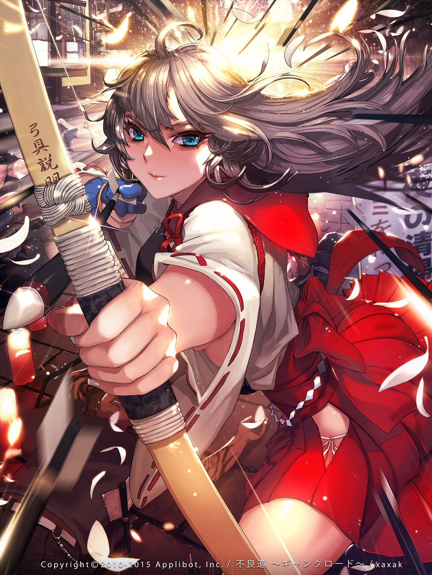 3girls aiming arrow belt blue_eyes bow_(weapon) breasts drawing_bow foreshortening furyou_michi_~gang_road~ gloves grey_hair highres hip_vent holding holding_arrow holding_bow_(weapon) holding_weapon japanese_clothes long_hair looking_at_viewer lying medium_breasts multiple_boys multiple_girls muneate necktie on_back on_stomach outstretched_arm panties partly_fingerless_gloves shorts side-tie_panties single_glove smile solo_focus tattoo underboob underwear weapon white_panties xaxak yugake