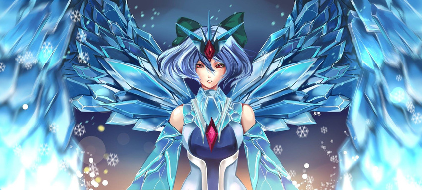 anivia anivia_(cosplay) blue_background blue_hair cirno cosplay gem hair_ornament hair_ribbon hannah_santos highres ice ice_wings league_of_legends red_eyes ribbon snowflakes solo touhou upper_body wings