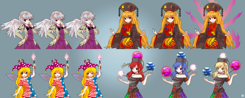 alphes_(style) american_flag_dress american_flag_legwear anger_vein bare_shoulders blonde_hair blue_eyes blue_hair blush_stickers bow chain chinese_clothes closed_eyes clothes_writing clownpiece collar dress fairy_wings hat hecatia_lapislazuli highres holding jacket jester_cap junko_(touhou) kaoru_(gensou_yuugen-an) kishin_sagume long_hair long_sleeves looking_at_viewer multicolored multicolored_clothes multicolored_skirt multiple_girls neck_ruff open_mouth orb parody polos_crown pose purple_eyes red_eyes red_hair shirt short_hair short_sleeves silver_hair single_wing skirt smile striped striped_legwear striped_shirt style_parody sweatdrop torch touhou wide_sleeves wings