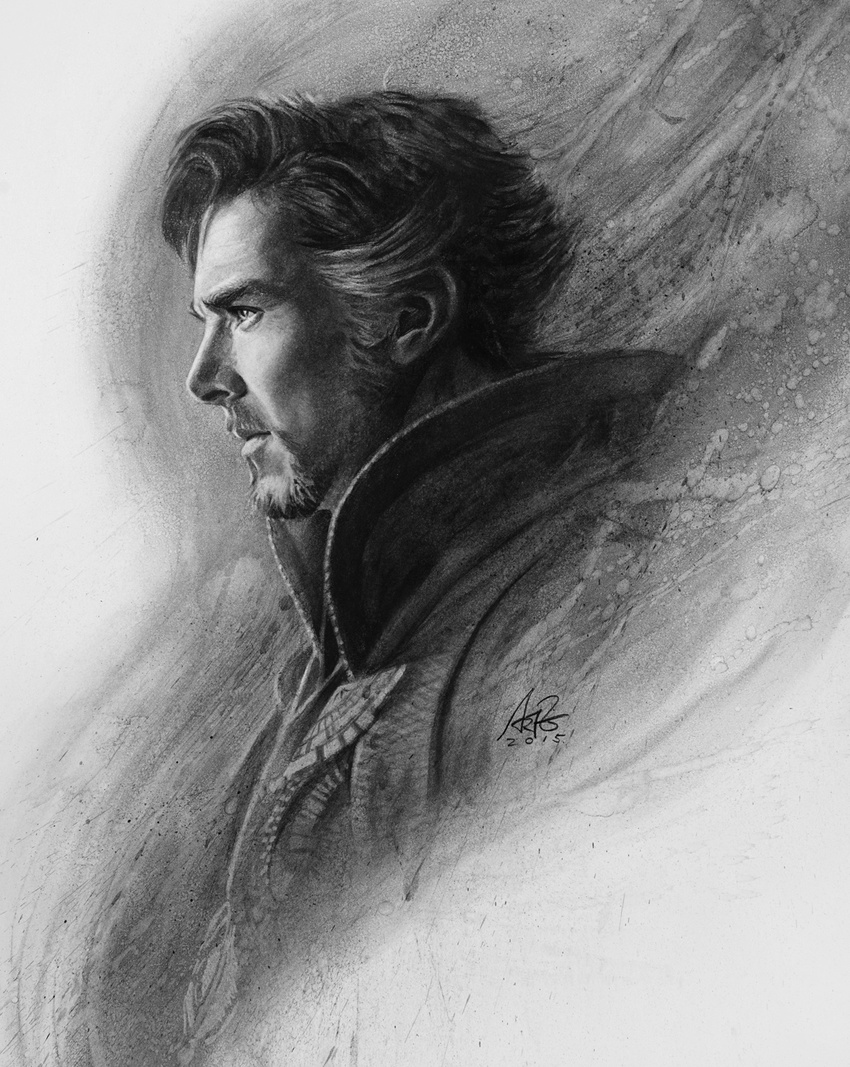 benedict_cumberbatch doctor_strange greyscale highres male_focus marvel monochrome realistic solo stanley_lau superhero