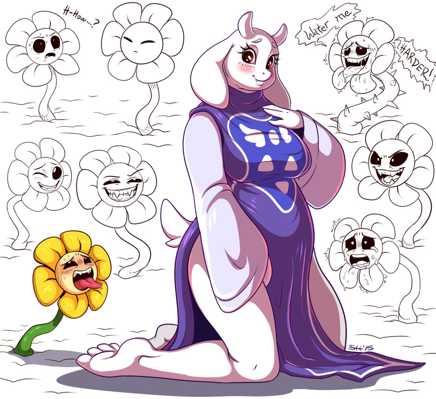 ... 4_toes ? ambiguous_gender anthro big_breasts breasts caprine clothed clothing dialogue dress english_text evil_grin fangs female flower flowey_the_flower fur goat hindpaw kneeling mammal mature_female paws plant protagonist_(undertale) smile sorcerushorserus sweat teeth text toes tongue tongue_out toriel undertale video_games white_fur