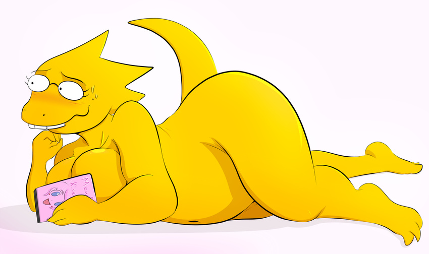 alphys anime blue_eyes blush breasts buckteeth cleavage clothed clothing davidsanchan dvd english_text eyelashes eyewear female glasses monster nude open_mouth overweight scalie smile solo sweat teeth text undertale video_games yellow_body