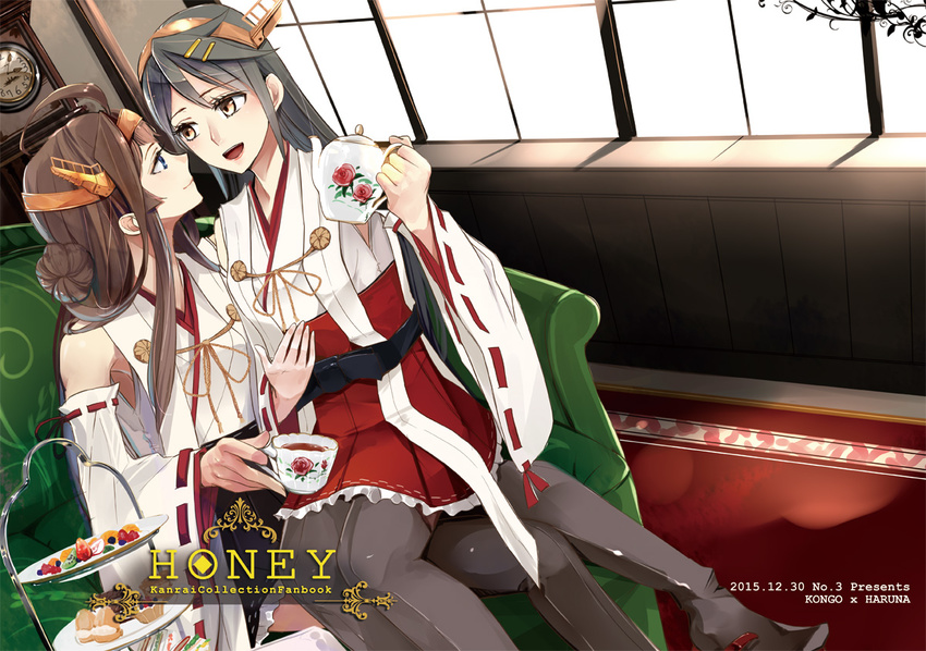 2girls ahoge bad_id bad_pixiv_id bare_shoulders black_hair black_tea blue_eyes brown_hair cake camel000 character_name clock couch cup dated detached_sleeves food fork hair_bun hair_ornament hair_rings hairclip haruna_(kantai_collection) headgear indoors japanese_clothes kantai_collection kettle kongou_(kantai_collection) lips long_hair long_sleeves looking_at_another multiple_girls nontraditional_miko red_eyes remodel_(kantai_collection) ribbon-trimmed_sleeves ribbon_trim sitting sitting_on_lap sitting_on_person skirt smile tea teacup thighhighs title window yuri
