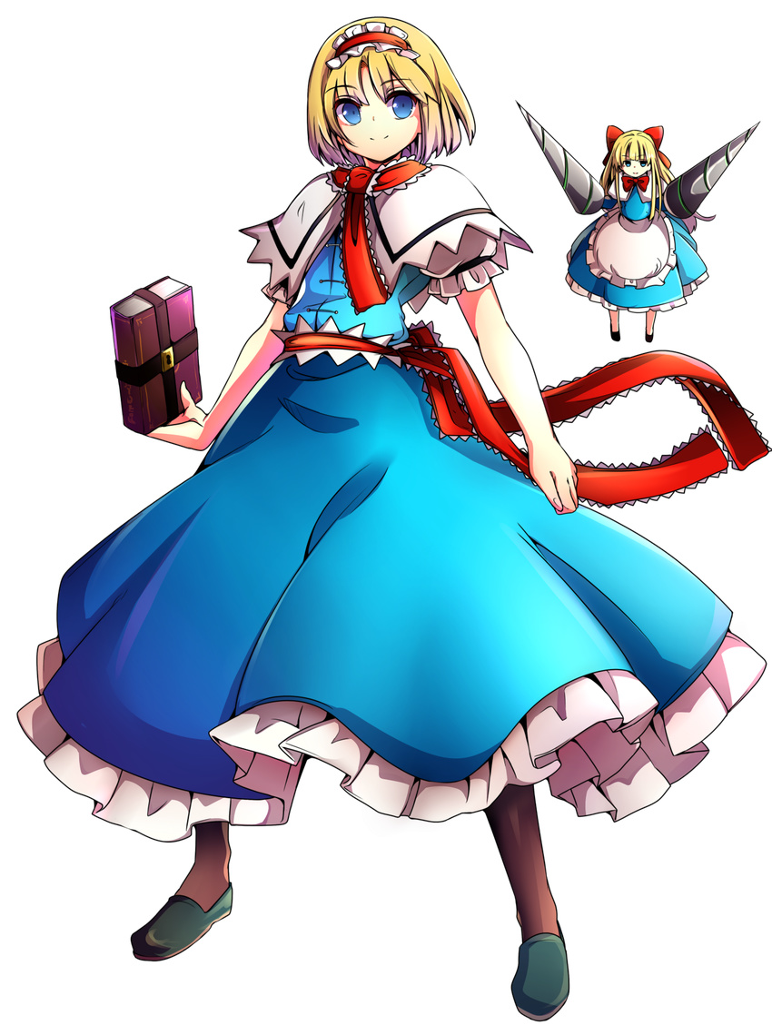 alice_margatroid apron baba_(baba_seimaijo) blonde_hair blue_dress blue_eyes bow capelet dress drill dual_wielding full_body grimoire_of_alice hair_bow hairband highres holding lance lolita_hairband looking_at_viewer polearm sash shanghai_doll short_hair smile tachi-e touhou transparent_background waist_apron weapon
