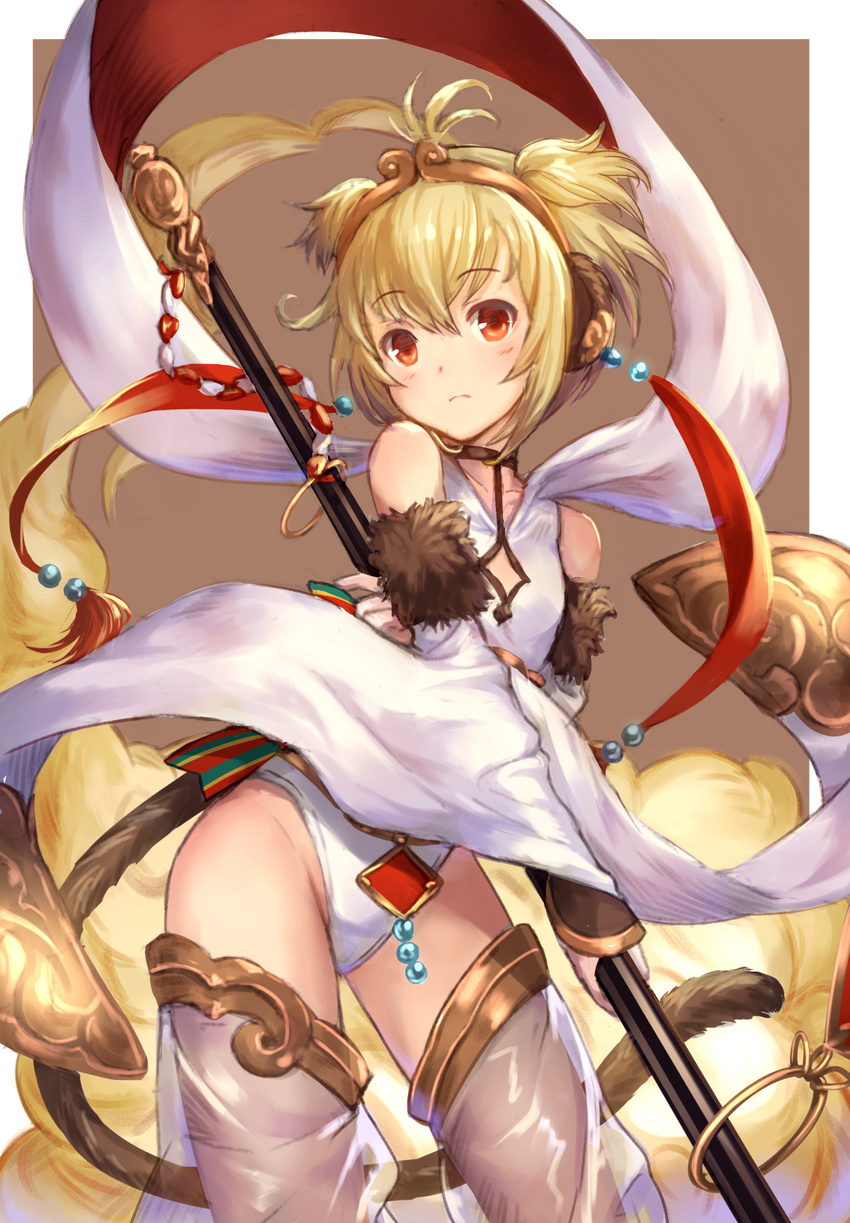 andira_(granblue_fantasy) animal_ears blonde_hair breasts brown_eyes cloud detached_sleeves erune flying_nimbus granblue_fantasy hair_between_eyes hair_ornament hairband highres looking_at_viewer maruyama-jp monkey_tail short_hair small_breasts solo staff tail thighhighs thighs two_side_up white_legwear wide_sleeves