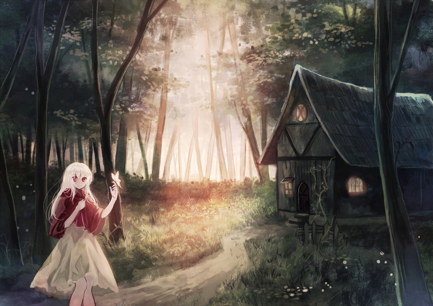 albino butterfly_on_hand elysion forest house lafrenze long_hair looking_at_viewer miyakure nature path red_eyes revision road shirt silver_hair skirt smile solo sound_horizon white_hair