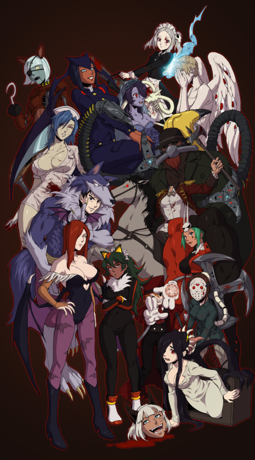 2boys 6+girls :d :o absurdres alucard_(hellsing) alucard_(hellsing)_(cosplay) android angel_wings animal_costume animal_ears animal_print apron axe bandages bangs bare_shoulders barefoot bat_print bat_wings batman_(series) beowulf_(skullgirls) big_band black_background black_eyes black_footwear black_hair blood blood_on_face bloody_clothes bloody_marie_(skullgirls) bloody_weapon blue_eyes blue_hair blunt_bangs bodysuit boots bow bowtie breast_hold breasts bridal_gauntlets bridal_veil bride brown_hair buttons cerebella_(skullgirls) chainsaw claws cleavage closed_mouth corpse_bride cosplay covered_navel covering covering_face cravat crossed_arms crossover dark_skin demon_girl disembodied_head doctor_octopus doctor_octopus_(cosplay) doctor_who double_(skullgirls) dragon dress eliza_(skullgirls) emily_(corpse_bride) epaulettes everyone expressionless extra_arms extra_eyes extra_mouth eyebrows eyeshadow facial_mark fangs feathers filia_(skullgirls) five_nights_at_freddy's flipped_hair foxy_(fnaf) foxy_(fnaf)_(cosplay) friday_the_13th frills fukua_(skullgirls) full_body fur fur_trim gallon gallon_(cosplay) ganno gloves glowing glowing_eyes green_hair green_lipstick grey_hair grin hair_ornament hair_over_one_eye hairband half-closed_eyes halloween hand_on_hip hands_on_own_face hands_on_own_knees harley_quinn harley_quinn_(cosplay) harness hat head_wings headless headless_horseman heart_cutout hellsing high_heel_boots high_heels highleg highleg_leotard highres hockey_mask holding holding_weapon hook_hand horse huge_weapon index_finger_raised jason_voorhees jason_voorhees_(cosplay) jedah_dohma jedah_dohma_(cosplay) knee_boots lace large_breasts leaning_forward leotard leviathan_(skullgirls) lipstick long_hair long_sleeves looking_up machinery maid maid_headdress makeup mask military military_uniform monster_girl morrigan_aensland morrigan_aensland_(cosplay) ms._fortune_(skullgirls) multicolored_hair multiple_boys multiple_crossover multiple_girls muscle no_bra no_pupils nurse nurse_(silent_hill) nurse_(silent_hill)_(cosplay) nurse_cap open_mouth orange_hair outline painwheel_(skullgirls) pants pantyhose parasoul_(skullgirls) parted_bangs peacock_(skullgirls) pentagram pool_of_blood print_legwear purple_legwear purple_skin radio_antenna raised_eyebrows red_eyes red_hair robo-fortune robot_joints saddle samson_(skullgirls) shadow_the_hedgehog shadow_the_hedgehog_(cosplay) sharp_teeth short_dress short_hair short_twintails shuriken silent_hill silver_hair simple_background skull_hair_ornament skullgirls smile sonic_the_hedgehog spider-man_(series) squigly_(skullgirls) standing strapless streaked_hair succubus sunglasses tail taut_clothes teeth television tentacles the_ring thick_eyebrows tongue top_hat turtleneck twintails two-tone_hair uniform valentine_(skullgirls) vampire_(game) veil very_long_hair vice-versa_(skullgirls) waist_apron waistcoat weapon wedding_dress weeping_angel weeping_angel_(cosplay) werewolf white_hair wings yamamura_sadako yamamura_sadako_(cosplay) yellow_eyes