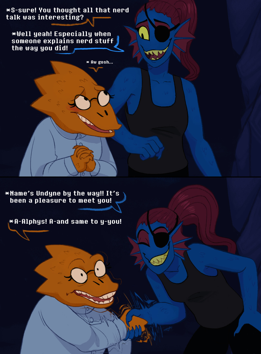 2015 alphys blue_scales blush comic cosmic_canine_(artist) dialogue english_text eye_patch eyewear female female/female fish glasses hair handshake lab_coat marine monster red_hair reptile scales scalie speech_bubble text undertale undyne video_games waterfall yellow_scales