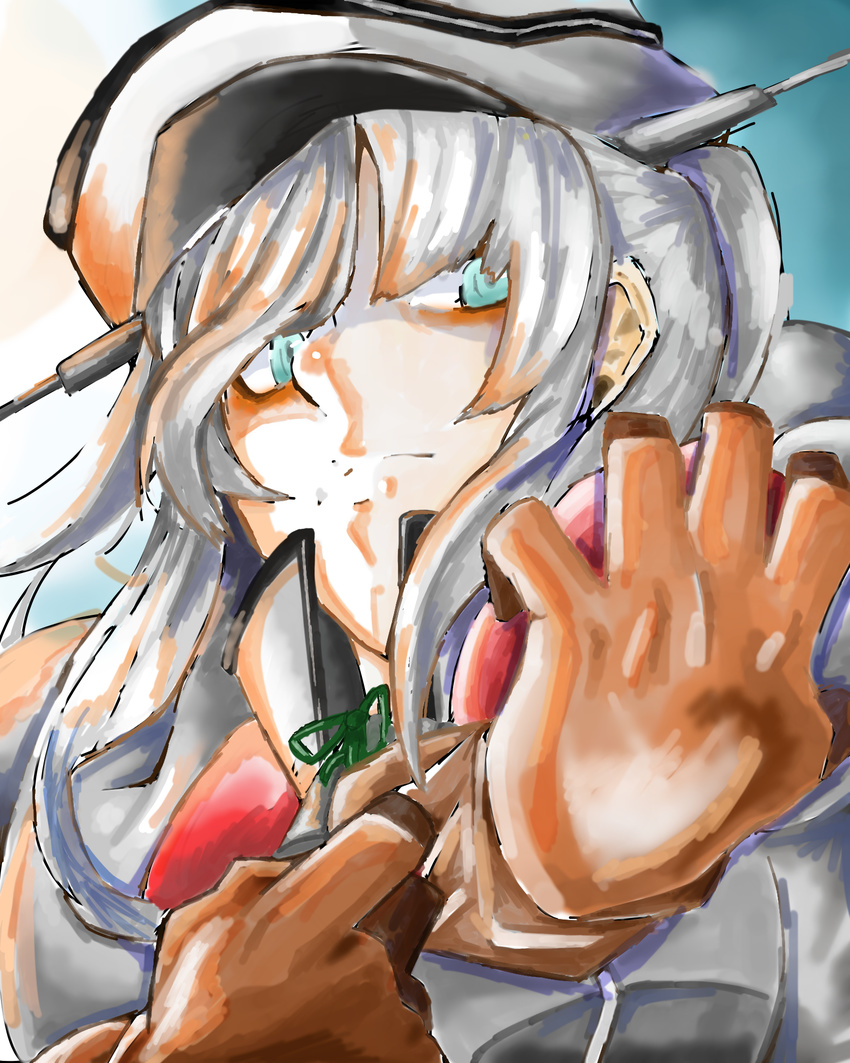 bad_id bad_pixiv_id blue_eyes gloves graf_zeppelin_(kantai_collection) hat highres kantai_collection putting_on_gloves rigging sanada_goki silver_hair simple_background sketch solo uniform