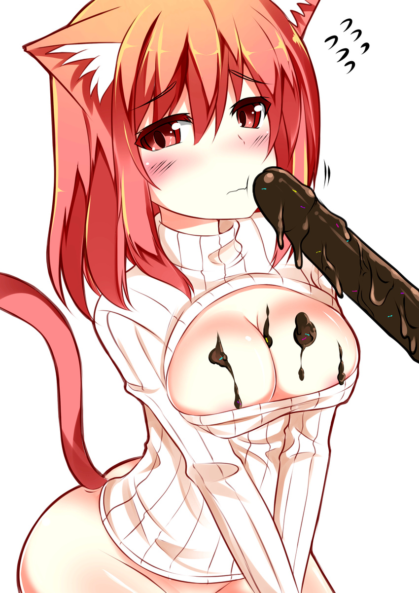 absurdres animal_ears blush bottomless breasts cat_ears cat_tail catstudioinc_(punepuni) cheek_poking chocolate_on_breasts cleavage cleavage_cutout food highres long_sleeves looking_away meme_attire naked_sweater open-chest_sweater original out-of-frame_censoring pocky poking puni_(miku_plus) red_eyes red_hair ribbed_sweater sexually_suggestive solo spilling sprinkles sweater tail third-party_edit