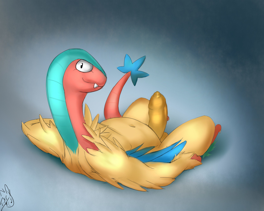 anthro anthrofied archeops avian balls cute_fangs erection humanoid_penis long_foreskin long_neck looking_at_viewer lying male nintendo nude on_back penis perspective pok&eacute;mon rear_view seyrmo solo uncut video_games winged_arms wings