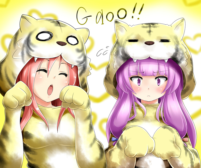 :&lt; :o =_= ^_^ animal_costume animal_print blush closed_eyes costume flying_sweatdrops gao heart koakuma long_hair miki_purasu multiple_girls o_o patchouli_knowledge paw_pose purple_eyes purple_hair red_hair tiger_costume tiger_print touhou