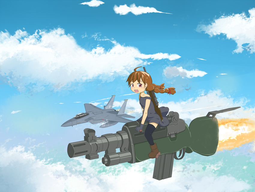 ahoge aircraft airplane battle_rifle boots braid cloud day dedorudy dress f-15_eagle flying gloves gun m14 military original riding rifle rocket solo thighhighs twin_braids weapon