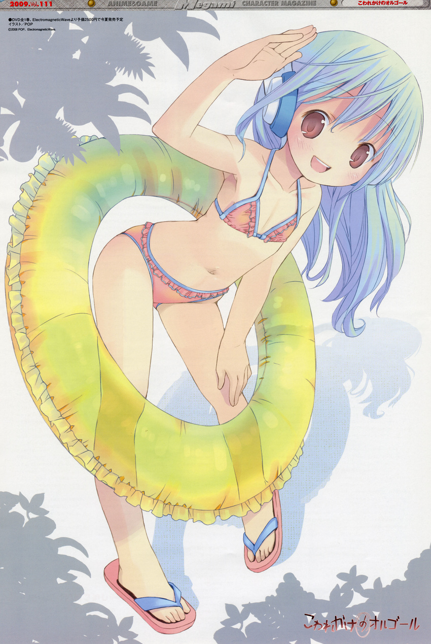 absurdres bikini blue_hair brown_eyes flat_chest flower_(kowarekake) frilled_bikini frills highres innertube kowarekake_no_orgel navel pop sandals solo swimsuit