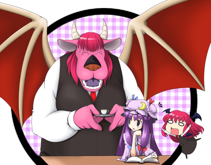 &gt;:) :d ^_^ anger_vein bat_wings black_legwear book chibi closed_eyes cosplay crescent crossover cup dragon dragon_quest fangs hat head_wings horns koakuma koakuma_(cosplay) long_hair multiple_girls musashino_udon necktie o_o open_mouth patchouli_knowledge plaid purple_eyes purple_hair red_hair saucer skirt smile teacup touhou v-shaped_eyebrows vest wings