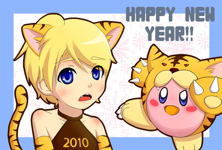 2010 animal_costume animal_ears animal_print bad_id bad_pixiv_id blonde_hair blue_eyes blush_stickers costume english fang highres kirby kirby_(series) lucas mother_(game) mother_3 new_year tail tiger_costume tiger_print yarby