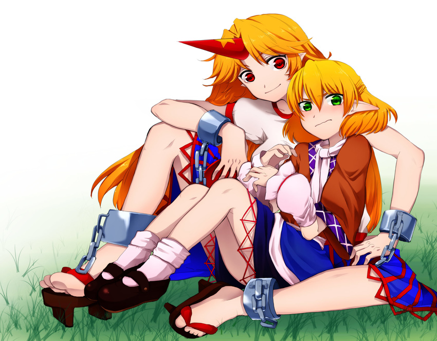 bad_id bad_pixiv_id between_legs blonde_hair blush chain cuffs eyebrows_visible_through_hair frown geta green_eyes hattori_masaki highres horn hoshiguma_yuugi mary_janes mizuhashi_parsee multiple_girls oni orange_hair pointy_ears red_eyes sandals shoes simple_background sitting smile touhou wavy_mouth