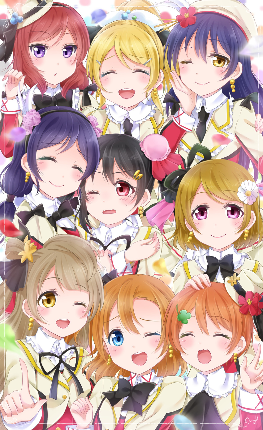 :3 :d ;) ;d ^_^ ascot ayase_eli bangs beret black_bow black_hair black_neckwear blonde_hair blue_eyes bow bowtie bun_cover clenched_hand closed_eyes clover_hair_ornament earrings flower four-leaf_clover_hair_ornament frilled_shirt_collar frills grey_hair hair_bow hair_flower hair_ornament hairband hairpin hand_on_another's_head hand_on_own_cheek hat hat_feather highres hoshizora_rin hug index_finger_raised jewelry koizumi_hanayo kouhaku_uta_gassen kousaka_honoka long_hair long_sleeves looking_at_another looking_at_viewer love_live! love_live!_school_idol_project mashuhope_(chinesere) minami_kotori multiple_girls neck_ribbon nishikino_maki one_eye_closed one_side_up open_mouth orange_hair ponytail purple_eyes red_eyes red_hair ribbon short_hair smile sonoda_umi sore_wa_bokutachi_no_kiseki toujou_nozomi twintails yazawa_nico yellow_eyes