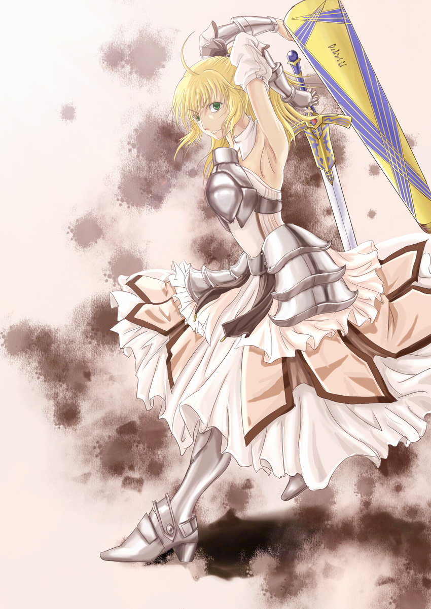 absurdres ahoge armor armored_boots armored_dress armpits artoria_pendragon_(all) avalon_(fate/stay_night) blonde_hair boots breastplate caliburn detached_sleeves dress fate/stay_night fate/unlimited_codes fate_(series) green_eyes highres jiutian_hosy looking_at_viewer saber saber_lily solo