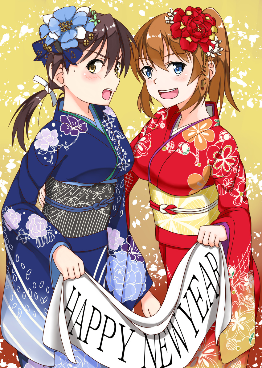 absurdres alternate_hairstyle blue_eyes brown_hair charlotte_e_yeager flower gertrud_barkhorn hair_flower hair_ornament happy_new_year highres hiroshi_(hunter-of-kct) japanese_clothes kimono low_twintails multiple_girls nengajou new_year open_mouth orange_hair ponytail red_kimono strike_witches twintails world_witches_series yellow_eyes