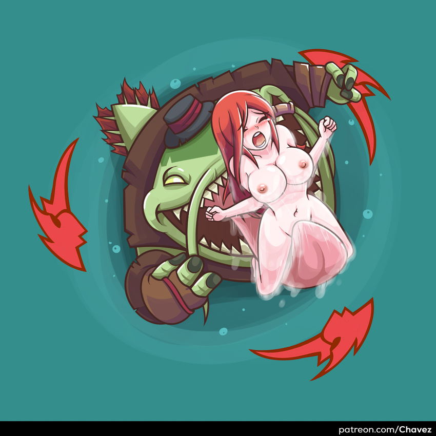 bestiality breasts chavez commentary cunnilingus gameplay_mechanics hat highres large_breasts league_of_legends long_hair navel nude open_mouth oral red_hair sarah_fortune stomach tahm_kench tongue top_hat