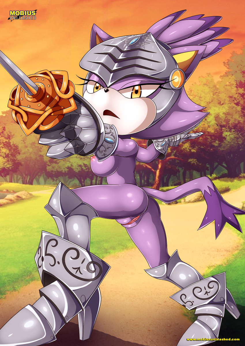 anthro armor bbmbbf black_nose blaze_the_cat boots breasts butt clothing feline female footwear fur gauntlets gem gloves grass hair helmet mammal melee_weapon nipples nude outside ponytail purple_fur purple_hair pussy solo sonic_(series) sword tree unconvincing_armor video_games weapon white_fur yellow_eyes