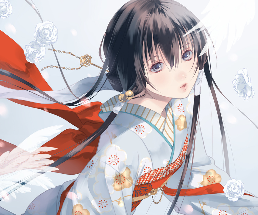 bell black_hair blue_eyes crossdressing flower fuuchouin_kazuki getbackers highres hirai_chika japanese_clothes kimono long_hair male_focus md5_mismatch otoko_no_ko solo white_flower