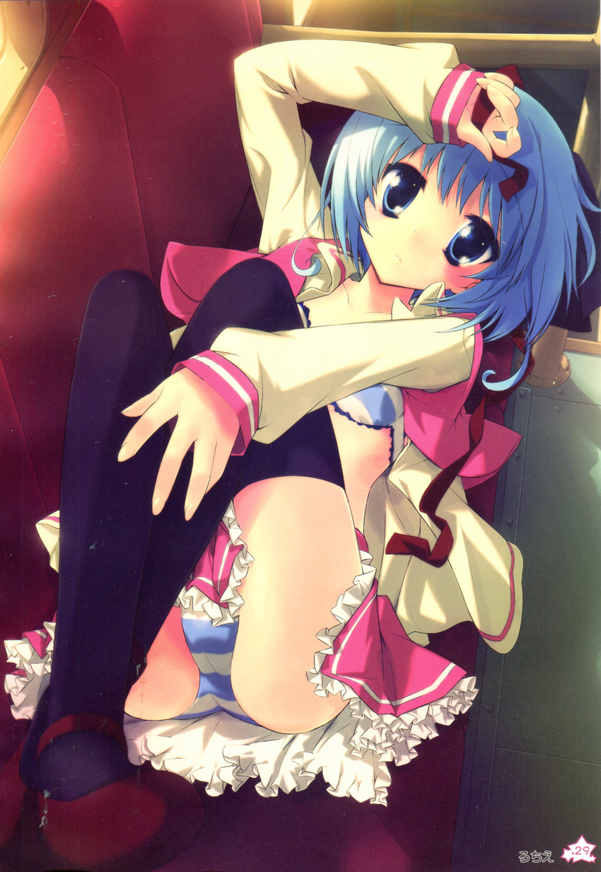 absurdres black_legwear blue_bra blue_eyes blue_hair blue_panties blush bra couch gotou_nao highres huge_filesize lace lace-trimmed_bra looking_at_viewer lying on_back open_clothes panties pantyshot prism_magical school_uniform short_hair solo striped striped_bra striped_panties thighhighs underwear wachi_yuri