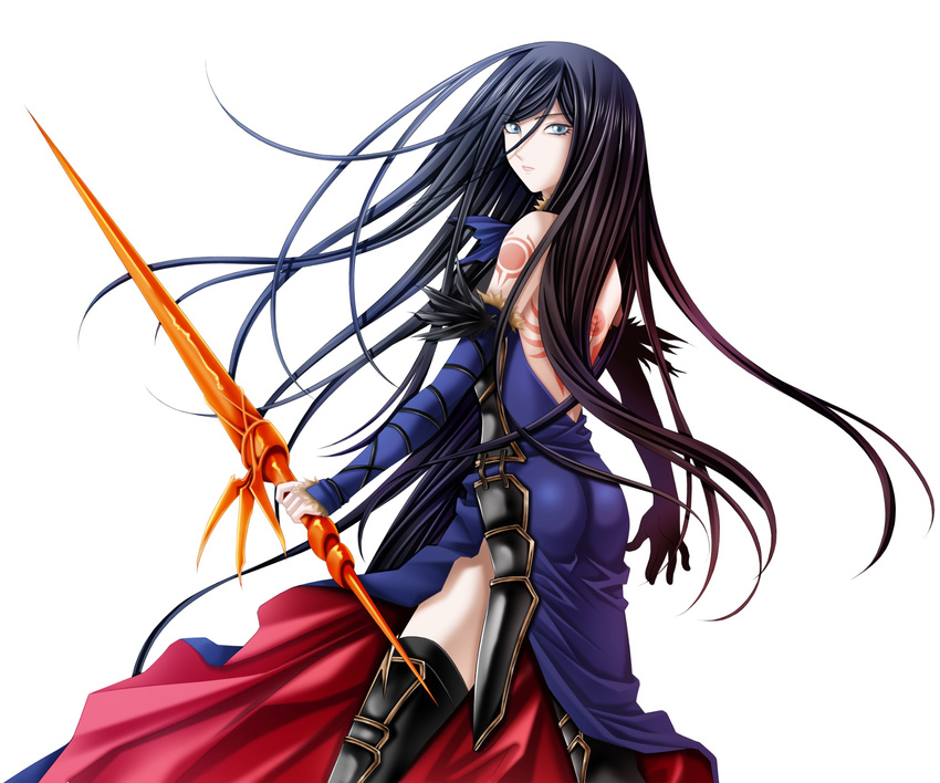 armor ass backless_outfit black_hair blue_dress blue_eyes castlevania dress highres holding holding_weapon long_hair looking_at_viewer shanoa simple_background solo tamamon weapon white_background