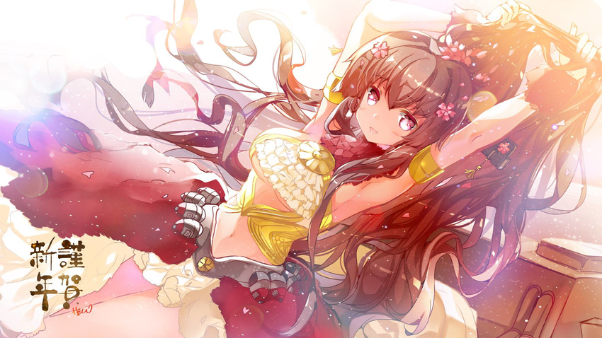 alternate_costume brown_eyes brown_hair cherry_blossoms flower heco_(mama) highres kantai_collection long_hair ponytail solo yamato_(kantai_collection)