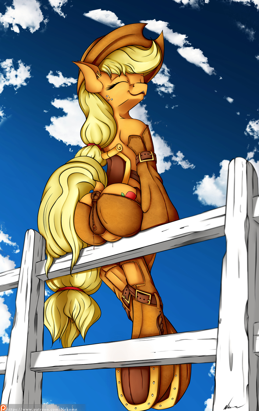 2015 absurd_res anus applejack_(mlp) blonde_hair butt chaps cloud cowboy_hat cutie_mark dock earth_pony equine eyes_closed female fence feral freckles friendship_is_magic fur hair hat hi_res horse long_hair mammal my_little_pony neko-me orange_fur outside patreon pony pussy pussy_juice saddle sky solo