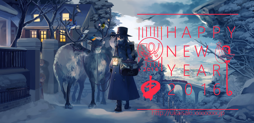 2016 2girls absurdres animal backpack bag bird black_gloves black_hair book boots bridge coat commentary gloves grey_eyes ground_vehicle happy_new_year hat highres lantern mailman multiple_girls nengajou new_year original owl peeking_out reindeer snow train tree trench_coat ukai_saki watermark web_address winter_clothes winter_coat