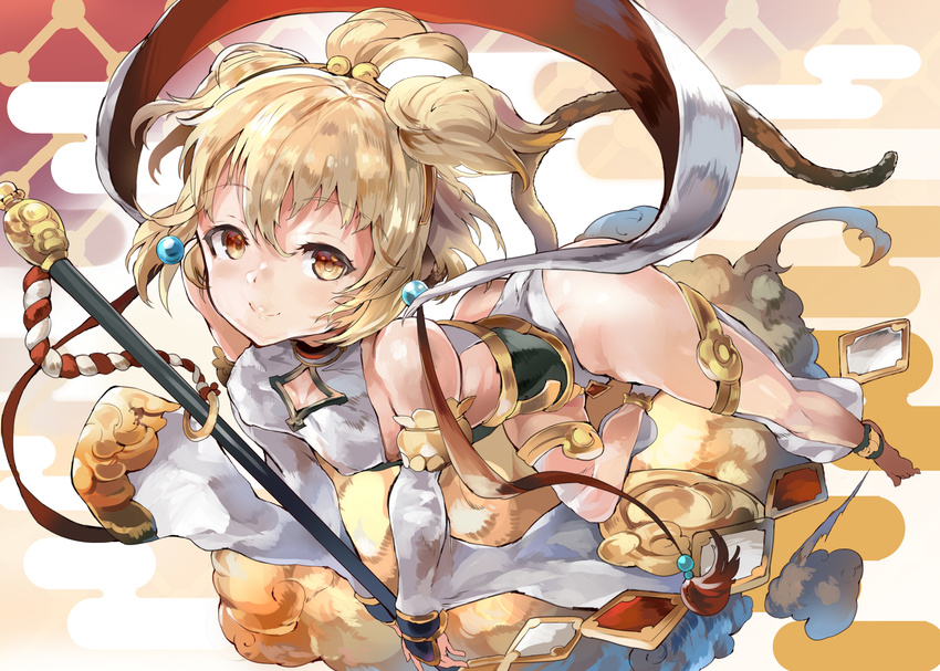 absurdres andira_(granblue_fantasy) anklet bad_perspective bad_revision bangs barefoot blonde_hair brown_eyes cleavage_cutout closed_mouth cloud detached_sleeves downscaled_revision erune eyebrows_visible_through_hair feet flying_nimbus granblue_fantasy hair_ornament highres himuro_(dobu_no_hotori) jewelry looking_at_viewer md5_mismatch short_hair smile solo toes