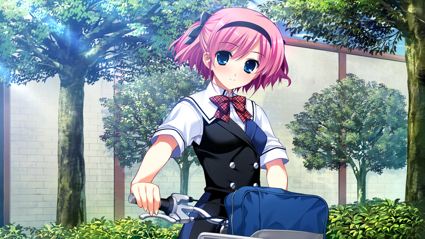 bag bicycle black_ribbon blue_eyes fumio_(ura_fmo) game_cg grisaia_(series) grisaia_no_kajitsu ground_vehicle hair_ribbon komine_sachi looking_at_viewer outdoors pink_hair ribbon school_bag school_uniform short_hair smile solo tree