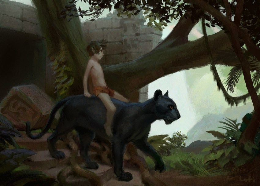 bagheera_(jungle_book) black_fur duo feline feral fur human jungle jungle_book lofi male mammal mowgli outside panther riding ruins whiskers yellow_eyes young