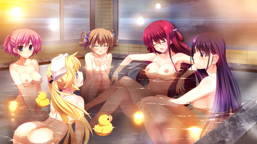 all_fours ass bathroom black_hair blonde_hair blue_ribbon breasts brown_hair closed_eyes flat_chest fumio_(ura_fmo) game_cg grisaia_(series) grisaia_no_kajitsu hair_ribbon highres indoors irisu_makina komine_sachi large_breasts long_hair long_legs matsushima_michiru medium_breasts multiple_girls navel nipples nude open_mouth pink_hair red_eyes red_hair ribbon sakaki_yumiko short_hair smile suou_amane towel towel_on_head twintails watanabe_akio white_ribbon