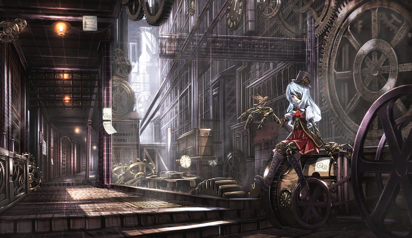 analog_clock aqua_hair belt boots clock commentary cravat cross-laced_footwear door dress gears grid hallway hat highres indoors lace-up_boots lamp lantern light mecha_musume mechanical_arms mechanical_bird mechanical_eye mechanical_hand mechanical_legs original paper red_dress red_eyes ryosios scenery silver_hair sitting solo steampunk steampunk_girl_(ryosios) sunlight top_hat vanishing_point wide_shot