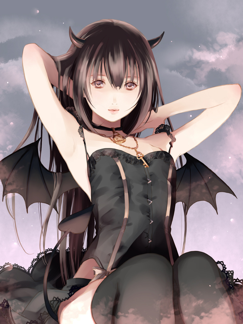 armpits arms_behind_head arms_up bangs black_legwear black_skirt black_wings breasts brown_eyes brown_hair chain choker crossdressing demon_horns demon_tail demon_wings fuuchouin_kazuki getbackers hair_between_eyes hands_in_hair highres hirai_chika horns jewelry key lace lace-trimmed_skirt lock long_hair looking_at_viewer male_focus otoko_no_ko padlock pendant revision sitting skirt sleeveless small_breasts solo strap_slip tail thighhighs very_long_hair wings