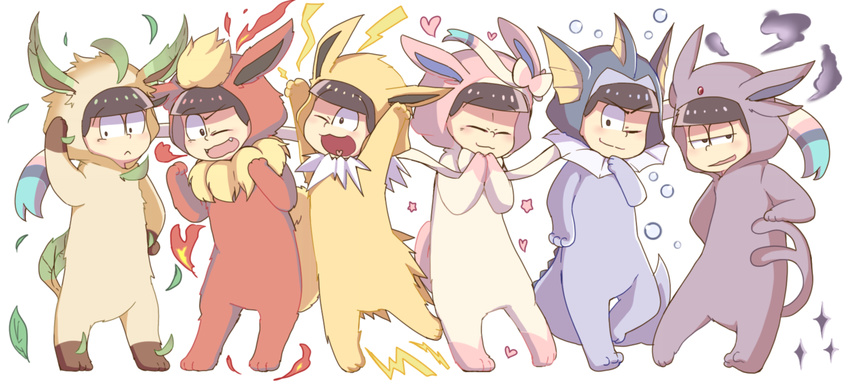 :&lt; ;3 ;d ^_^ animal_costume arms_up bangs black_eyes black_hair blunt_bangs blush brothers bubble chibi closed_eyes closed_mouth cosplay electricity espeon espeon_(cosplay) eyebrows eyebrows_visible_through_hair fang fire flareon flareon_(cosplay) forked_tail full_body gen_1_pokemon gen_2_pokemon gen_4_pokemon gen_6_pokemon half-closed_eyes hand_on_hip heart heart_in_mouth highres jolteon jolteon_(cosplay) koineko_(aph0310) leaf leafeon leafeon_(cosplay) legs_apart lineup looking_at_viewer male_focus matsuno_choromatsu matsuno_ichimatsu matsuno_juushimatsu matsuno_karamatsu matsuno_osomatsu matsuno_todomatsu multiple_boys one_eye_closed open_mouth osomatsu-kun osomatsu-san pokemon sextuplets siblings simple_background smile smoke sparkle standing star sylveon sylveon_(cosplay) tail vaporeon vaporeon_(cosplay) white_background