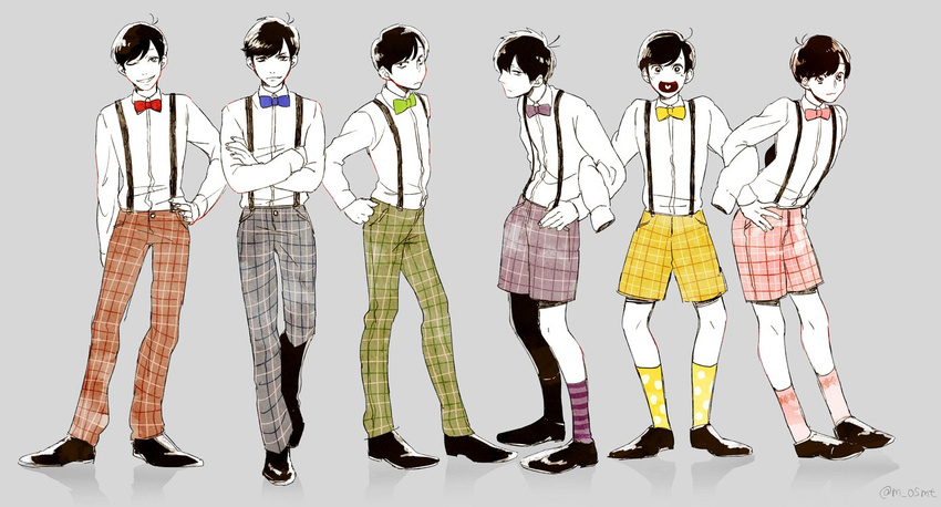 :3 ;) alternate_costume bad_id bad_twitter_id bangs black_hair bow bowtie brothers crossed_arms grey_background hand_on_hip heart heart_in_mouth locked_arms looking_at_viewer male_focus matsuno_choromatsu matsuno_ichimatsu matsuno_juushimatsu matsuno_karamatsu matsuno_osomatsu matsuno_todomatsu moneko multiple_boys one_eye_closed osomatsu-kun osomatsu-san pants pink_shorts plaid plaid_pants plaid_shorts purple_legwear sextuplets shorts siblings simple_background sleeves_past_wrists slouching smile socks striped striped_legwear suspender_shorts suspenders swept_bangs twitter_username