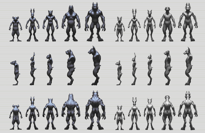 anthro butt canine concept_art digitigrade dog female hi_res lagomorph lineup male mammal mouse musclegut muscular nude overgrowth rabbit rat rodent side_view simple_background steve_hong wolf
