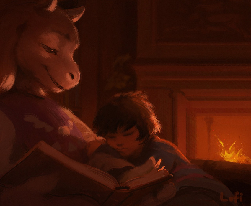 book caprine clothed clothing cuddling duo female fire fireplace fur goat horn human inside lofi male mammal open_mouth protagonist_(undertale) sitting sleeping tender toriel undertale video_games white_fur young