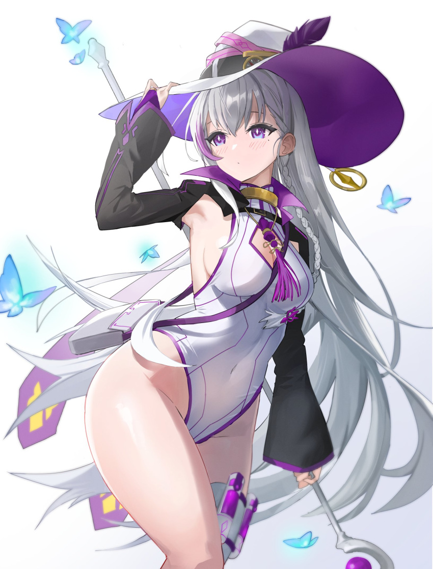 1girl arm_up armpits braid breasts bright_pupils bug butterfly choker cleavage cleavage_cutout closed_mouth clothing_cutout collar covered_navel grey_hair hand_on_headwear hat highleg highleg_leotard highres holding leotard long_hair long_sleeves looking_away medium_breasts mole mole_under_eye multicolored_hair original purple_eyes rostina_cosmos second-party_source shrug_(clothing) simple_background single_thighhigh solo staff standing streaked_hair tassel teot4242 thighhighs thighs very_long_hair white_background white_headwear white_leotard witch_hat