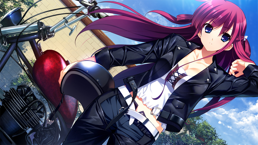 adjusting_hair belt blue_eyes breasts cleavage dutch_angle expressionless floating_hair fumio_(ura_fmo) game_cg grisaia_(series) grisaia_no_kajitsu ground_vehicle hair_ribbon half_updo hand_in_hair helmet holding holding_helmet jacket large_breasts long_hair long_sleeves looking_at_viewer motor_vehicle motorcycle motorcycle_helmet open_clothes open_jacket outdoors purple_hair ribbon solo suou_amane unbuckled_belt white_ribbon