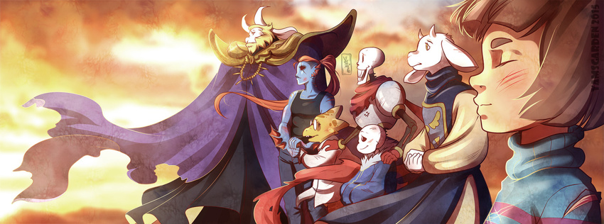 3girls alphys androgynous animal_ears armor asgore_dreemurr beard blonde_hair blue_skin brown_hair cloak closed_eyes denim evening eyepatch facial_hair frisk_(undertale) glasses gloves goat_ears good_end hands_in_pockets hands_on_another's_shoulder head_fins holding_hands hood hoodie horns injury labcoat md5_mismatch monster_boy monster_girl multiple_boys multiple_girls papyrus_(undertale) pauldrons ponytail red_hair red_scarf robe sans scarf shirt shoulder_pads signature skeleton sky sleeveless sleeveless_shirt smile spoilers striped striped_sweater sweater tabard tank_top toriel torn_clothes turtleneck undertale undyne yamsgarden yellow_eyes yellow_skin