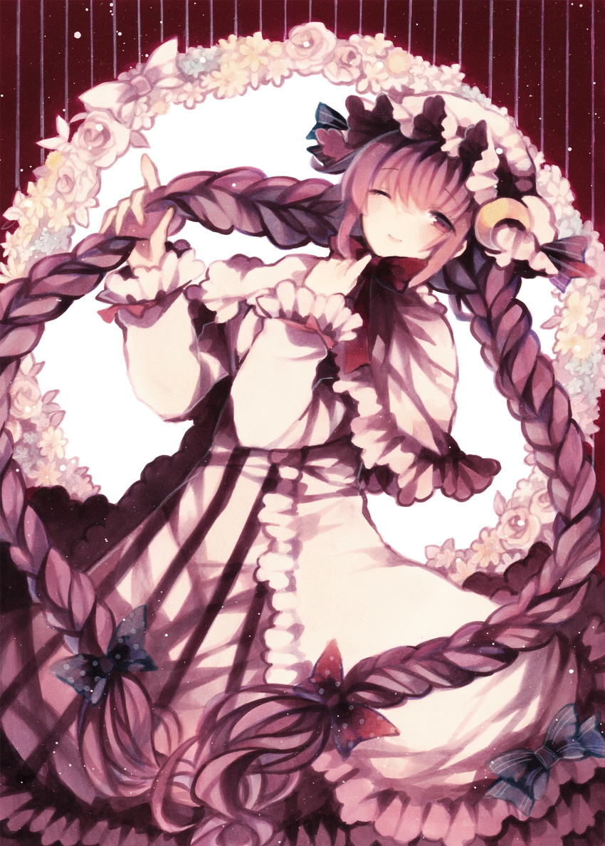 ;) absurdly_long_hair alternate_hairstyle bad_id bad_pixiv_id braid colored_pencil_(medium) crescent dress hat highres long_hair looking_at_viewer marker_(medium) one_eye_closed patchouli_knowledge purple_eyes purple_hair smile solo touhou traditional_media twin_braids very_long_hair wiriam07