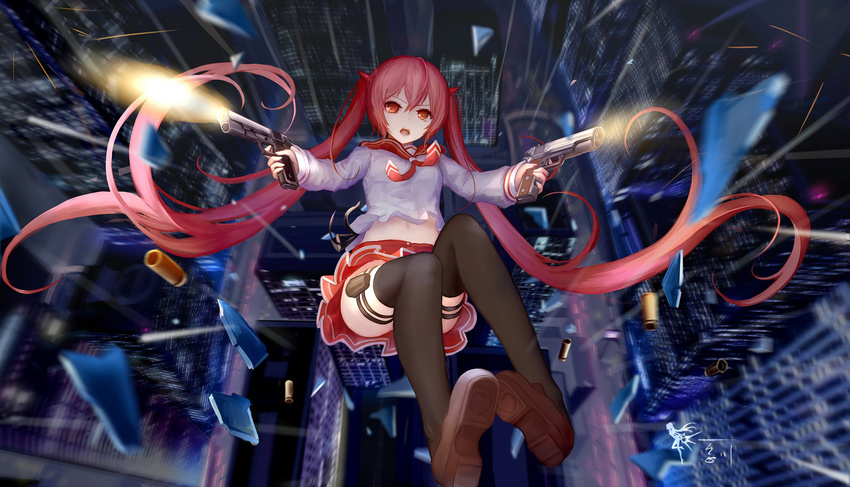 bangs black_legwear blouse broken_glass building city dual_wielding falling firing floating_hair from_above glass gun hair_between_eyes handgun hidan_no_aria highres holding kanzaki_h_aria long_hair long_sleeves looking_at_viewer midriff motion_blur navel necktie night open_mouth pink_hair pleated_skirt red_eyes red_neckwear school_uniform serafuku shell_casing signature skirt solo stomach thighhighs twintails upskirt very_long_hair wangchuan_de_quanyan weapon white_blouse